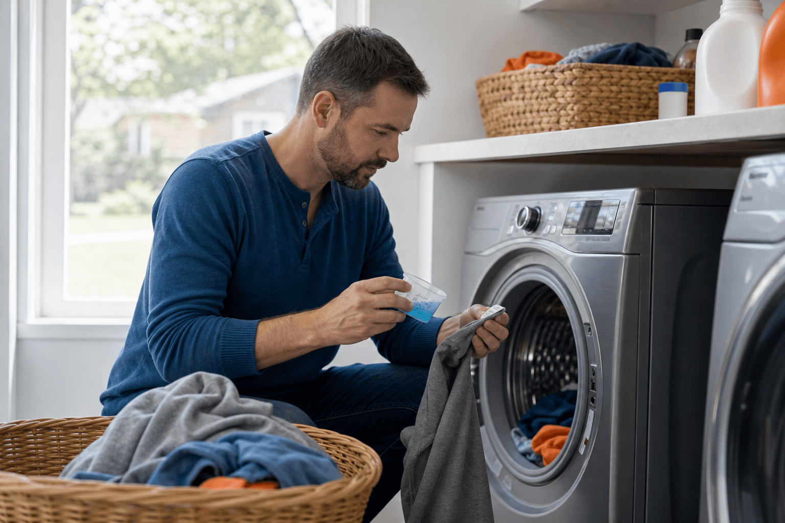 Measuring detergent and checking a garment care label