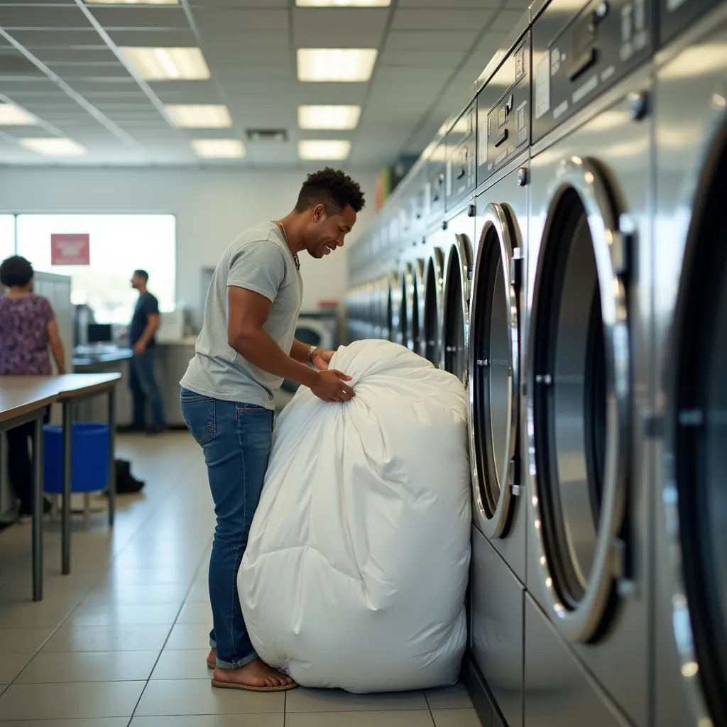 Customer checking and fluffing a clean comforter near laundromat dryers