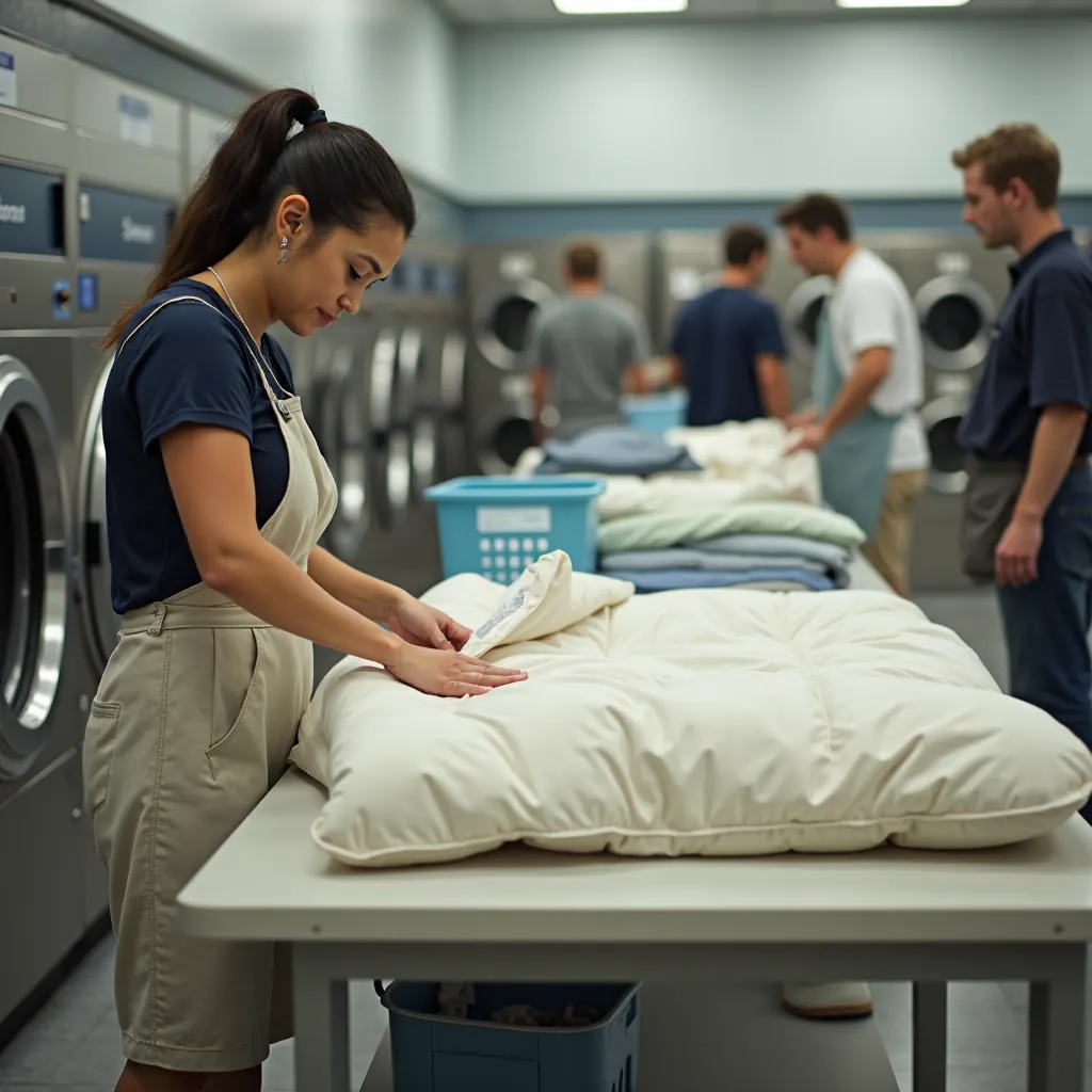 Customer checking a comforter care label before washing