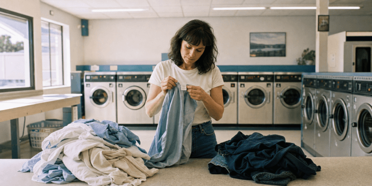 Customer sorting light and dark laundry while checking a garment care label