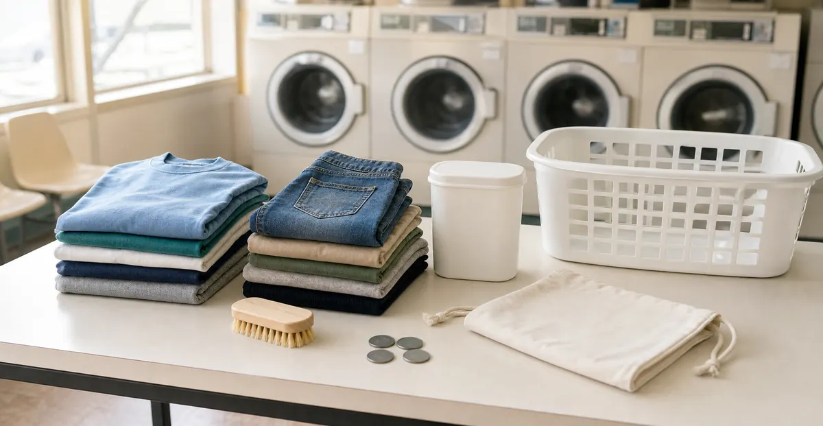 Organized first-time laundromat kit with sorted clothes, detergent, basket, and laundry bag