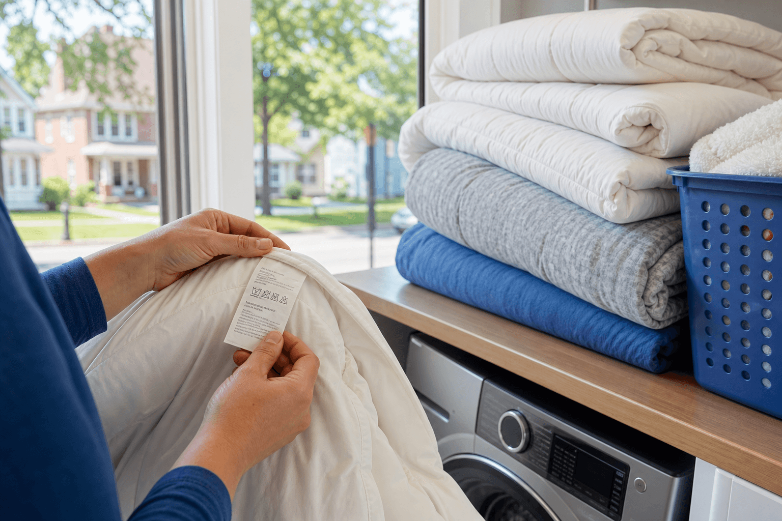 Checking a bedding care label before washing