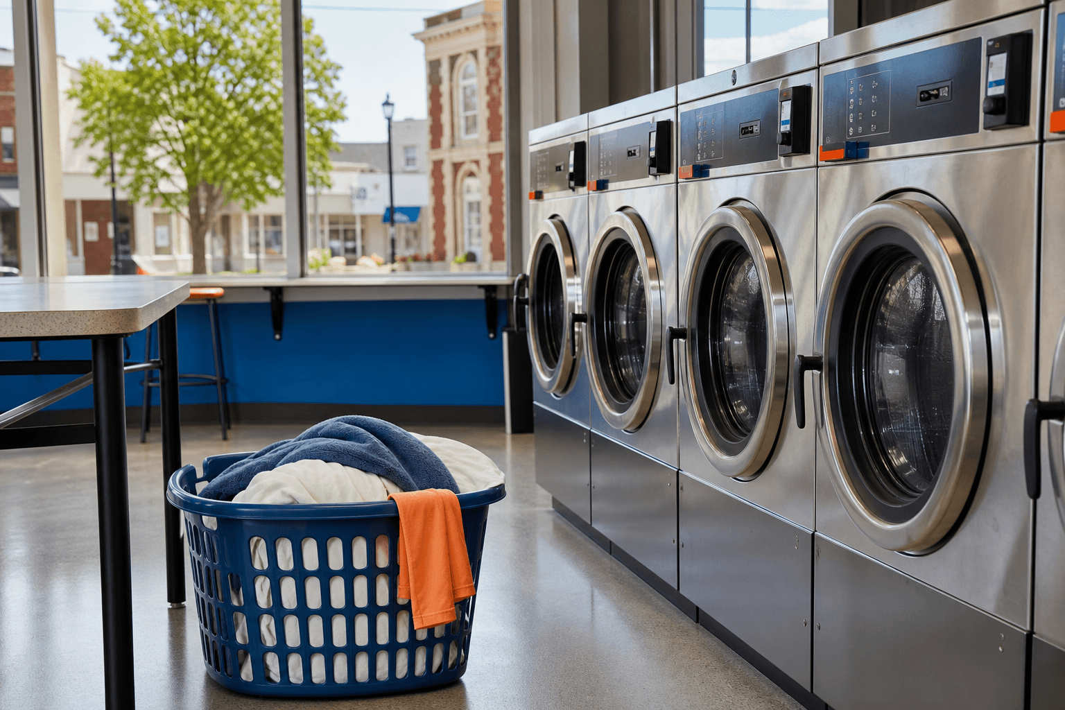Laundry basket beside clean laundromat washers