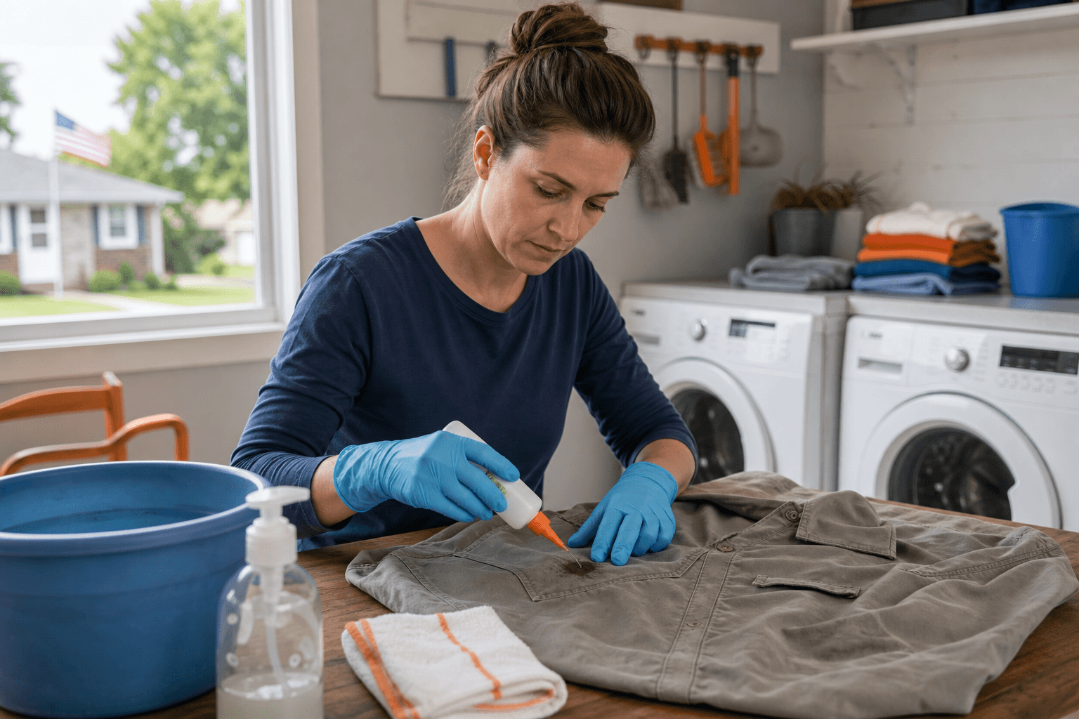 Pretreating a stain on work clothes before washing