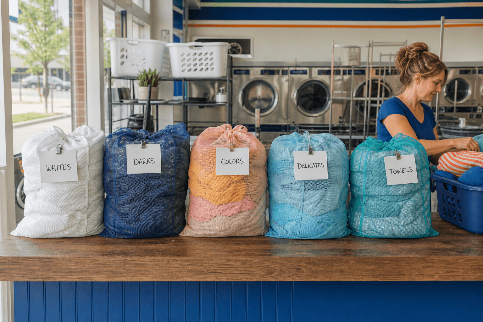 Laundry sorted and labeled for wash-dry-fold service