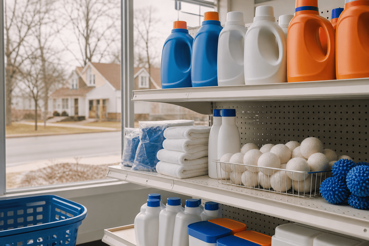 Laundry essentials on a neighborhood mini-mart shelf