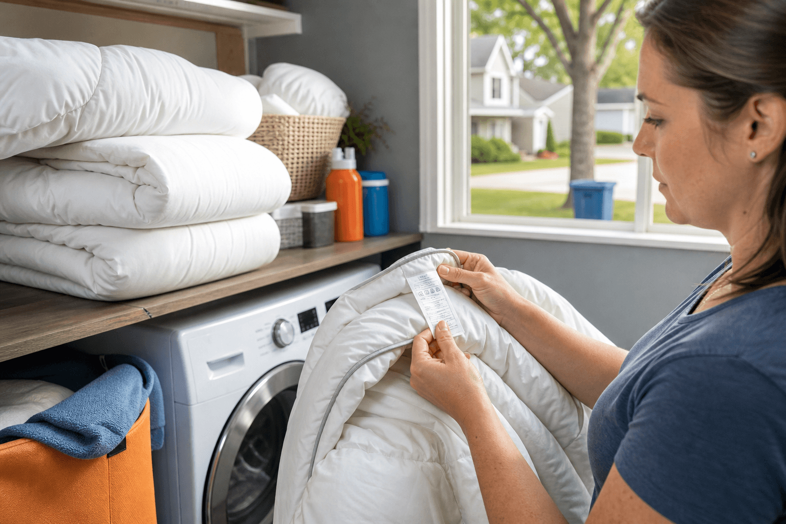 Checking a bedding care label before washing