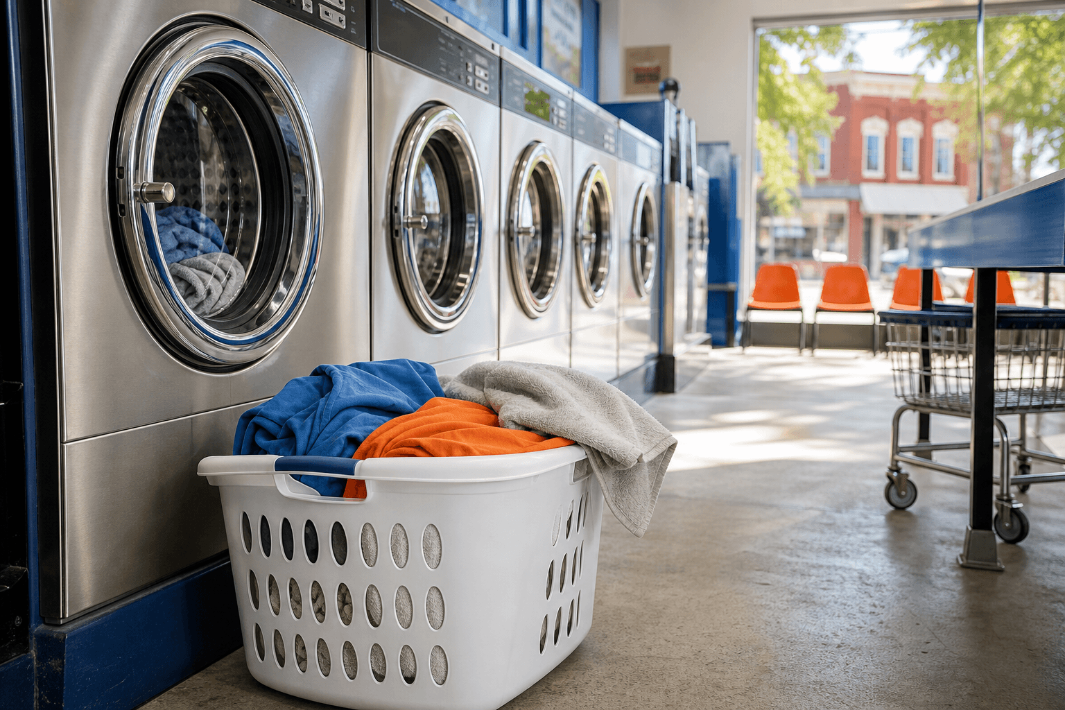 Laundry basket beside clean laundromat washers