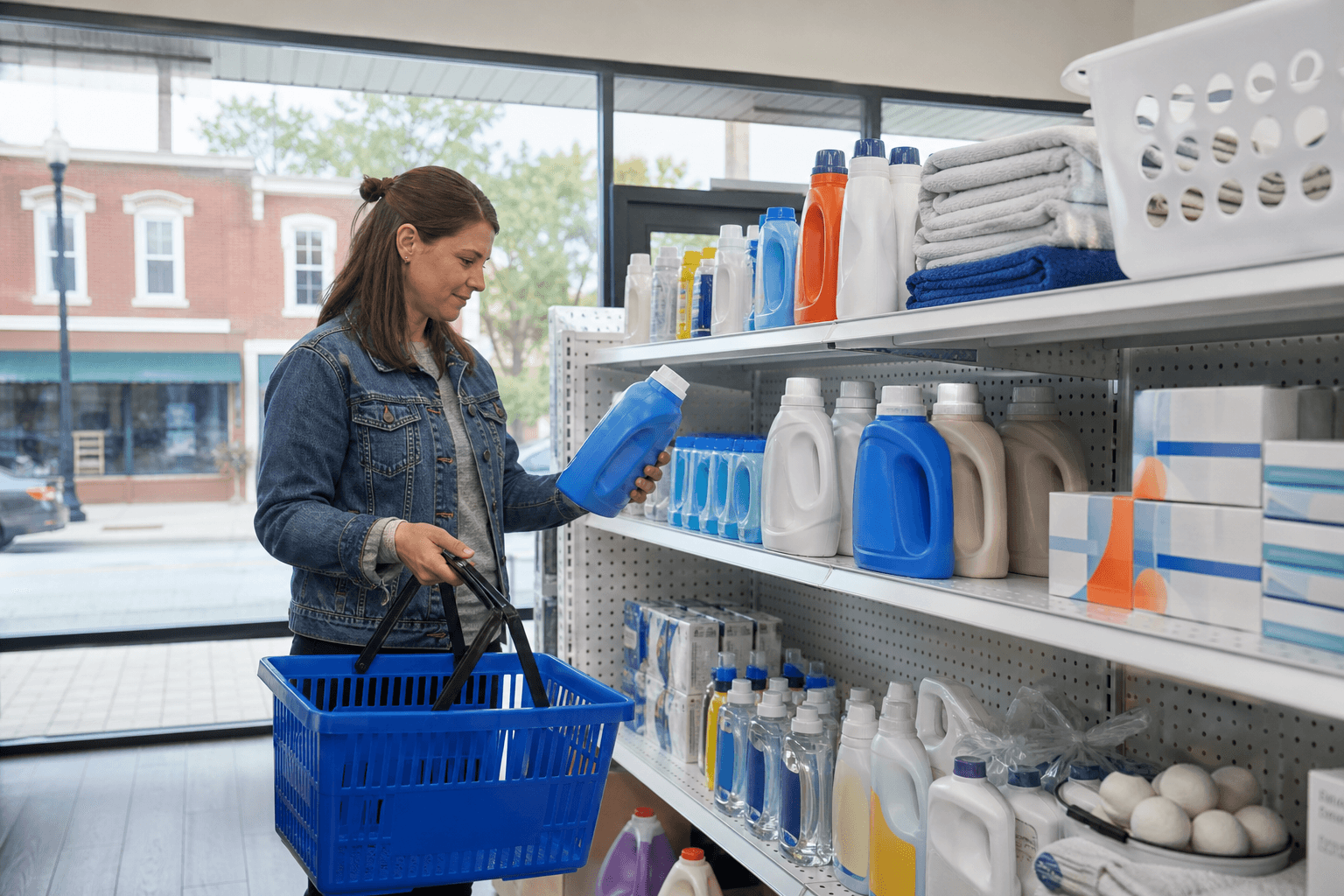 Laundry essentials on a neighborhood mini-mart shelf