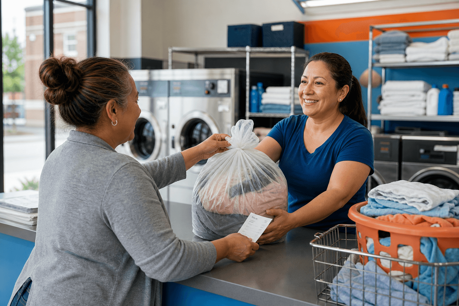 Laundry prepared for in-store wash-dry-fold drop-off