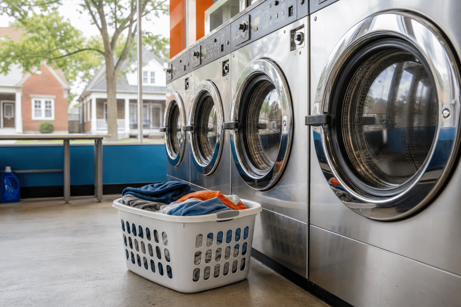 Laundry basket beside clean laundromat washers