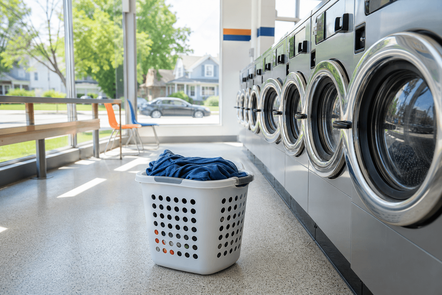Laundry basket beside clean laundromat washers
