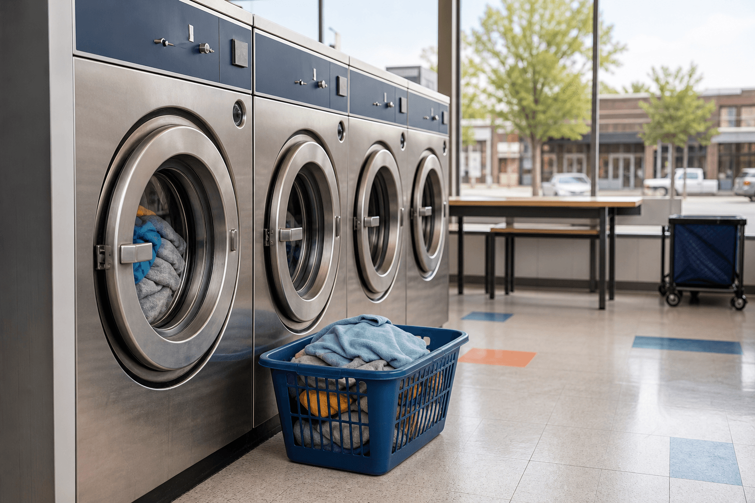 Laundry basket beside clean laundromat washers