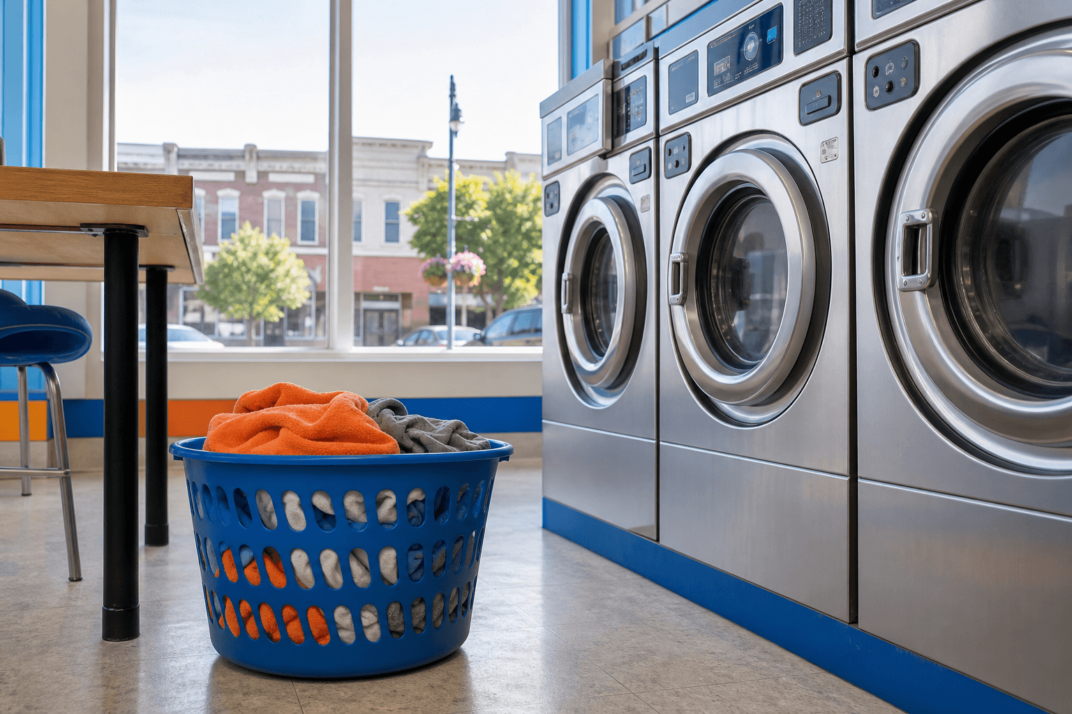 Laundry basket beside clean laundromat washers