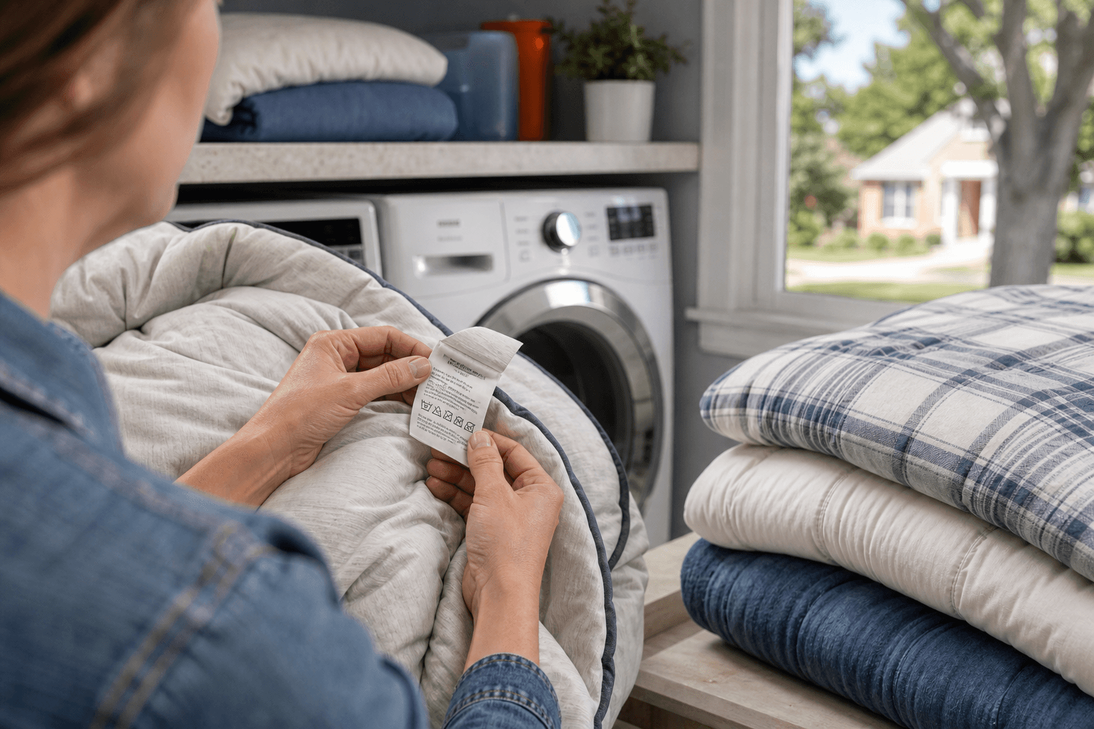 Checking a bedding care label before washing