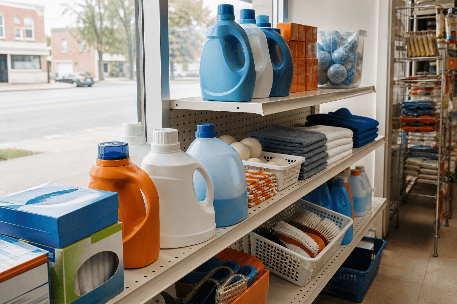 Laundry essentials on a neighborhood mini-mart shelf