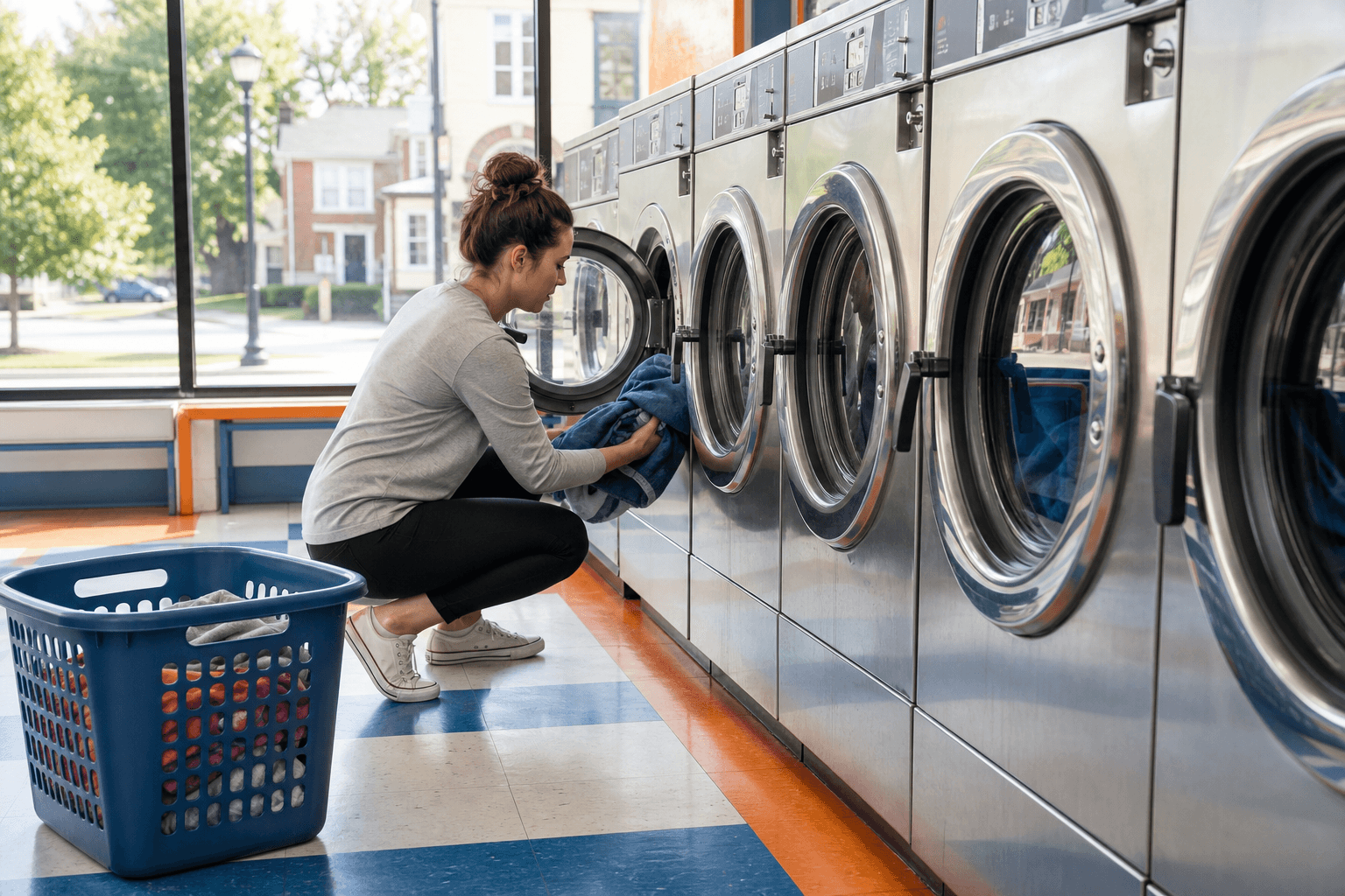 Laundry basket beside clean laundromat washers