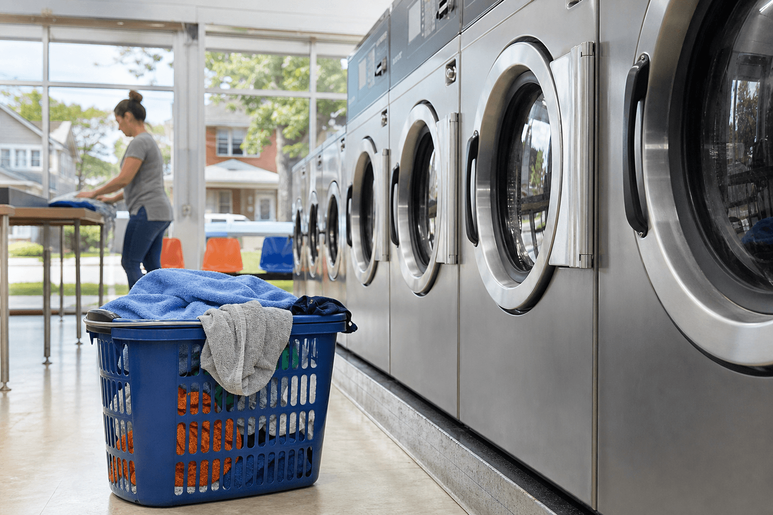 Laundry basket beside clean laundromat washers