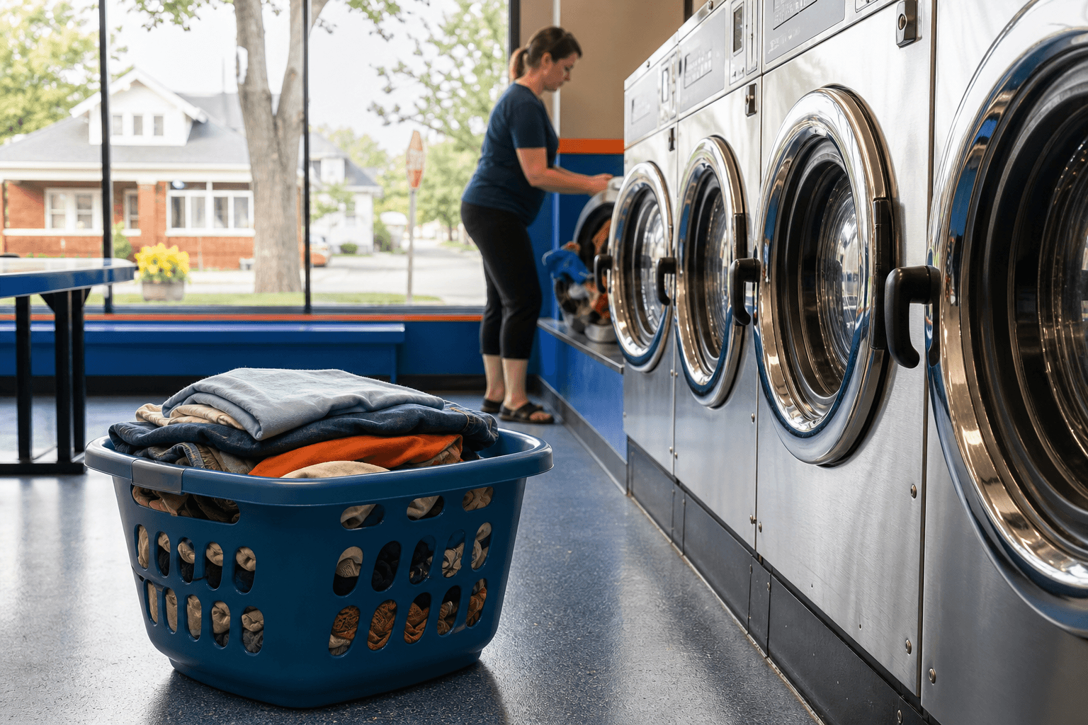 Laundry basket beside clean laundromat washers