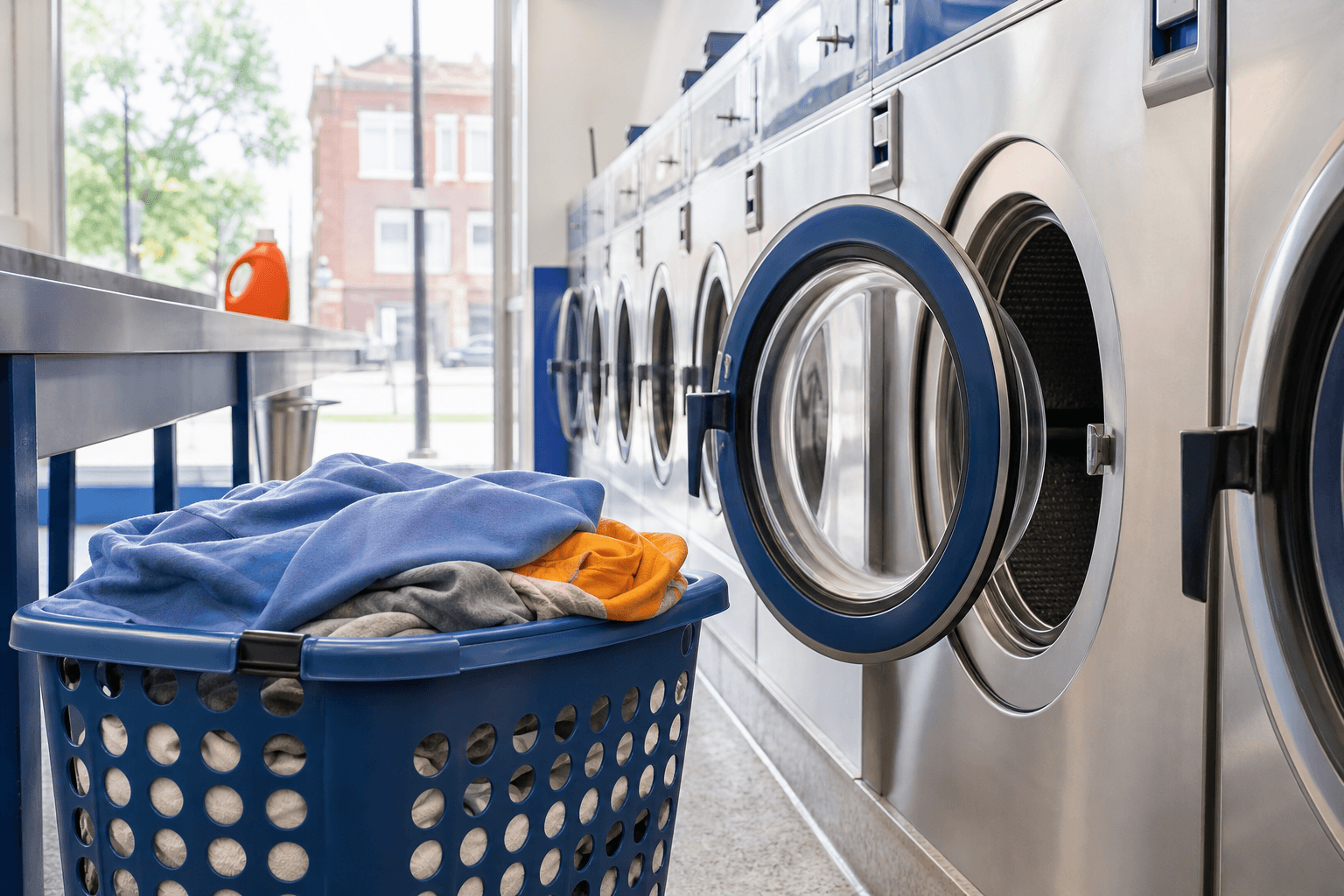 Laundry basket beside clean laundromat washers