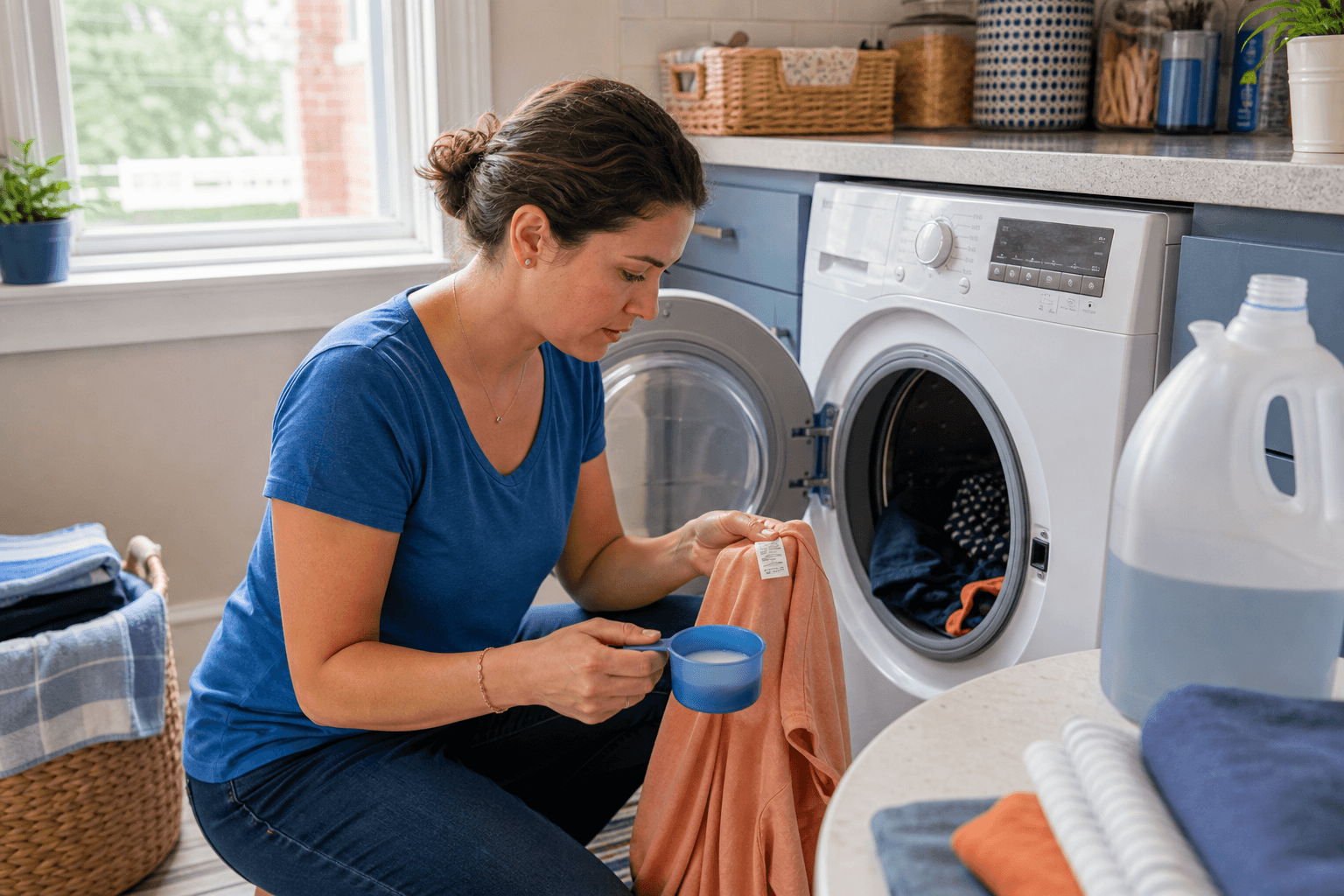 Measuring detergent and checking a garment care label