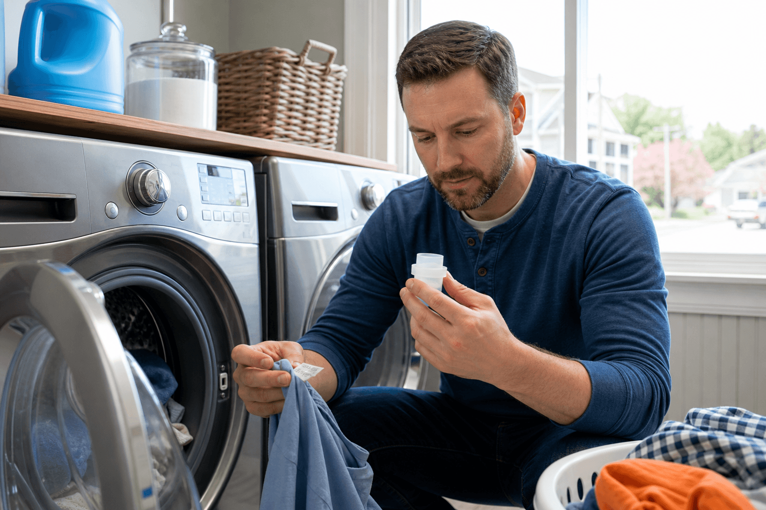 Measuring detergent and checking a garment care label