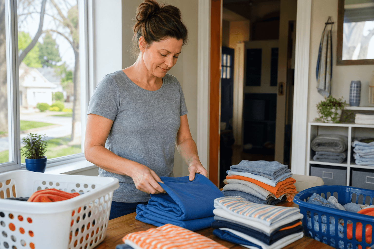 Clean family clothes folded into organized baskets