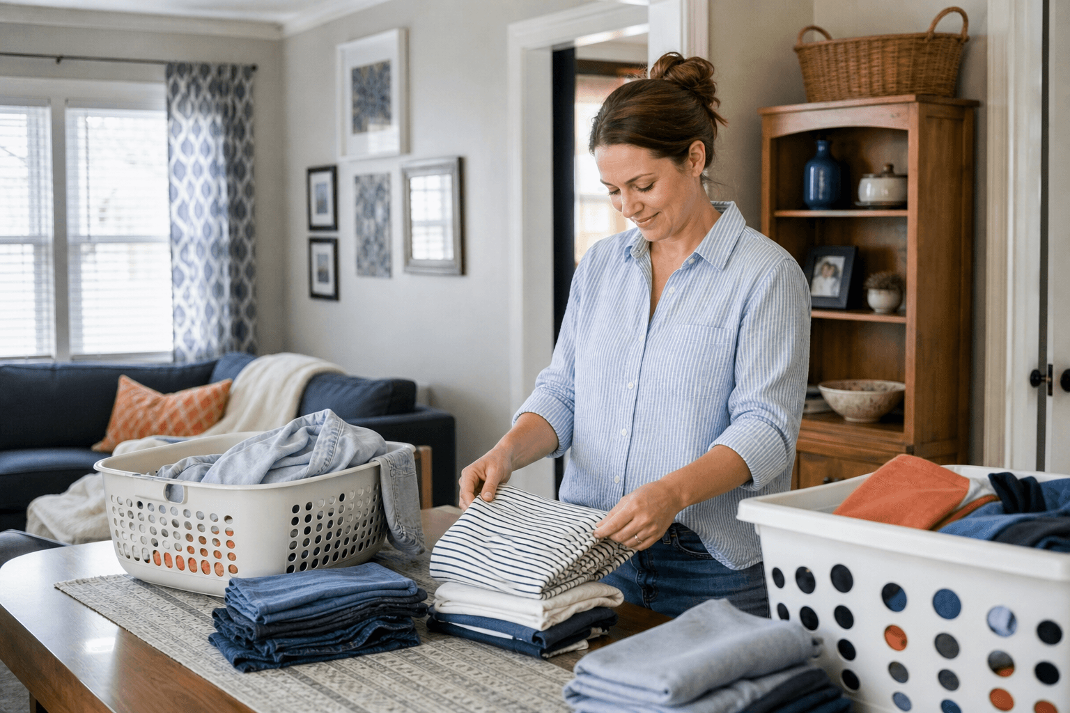 Clean family clothes folded into organized baskets