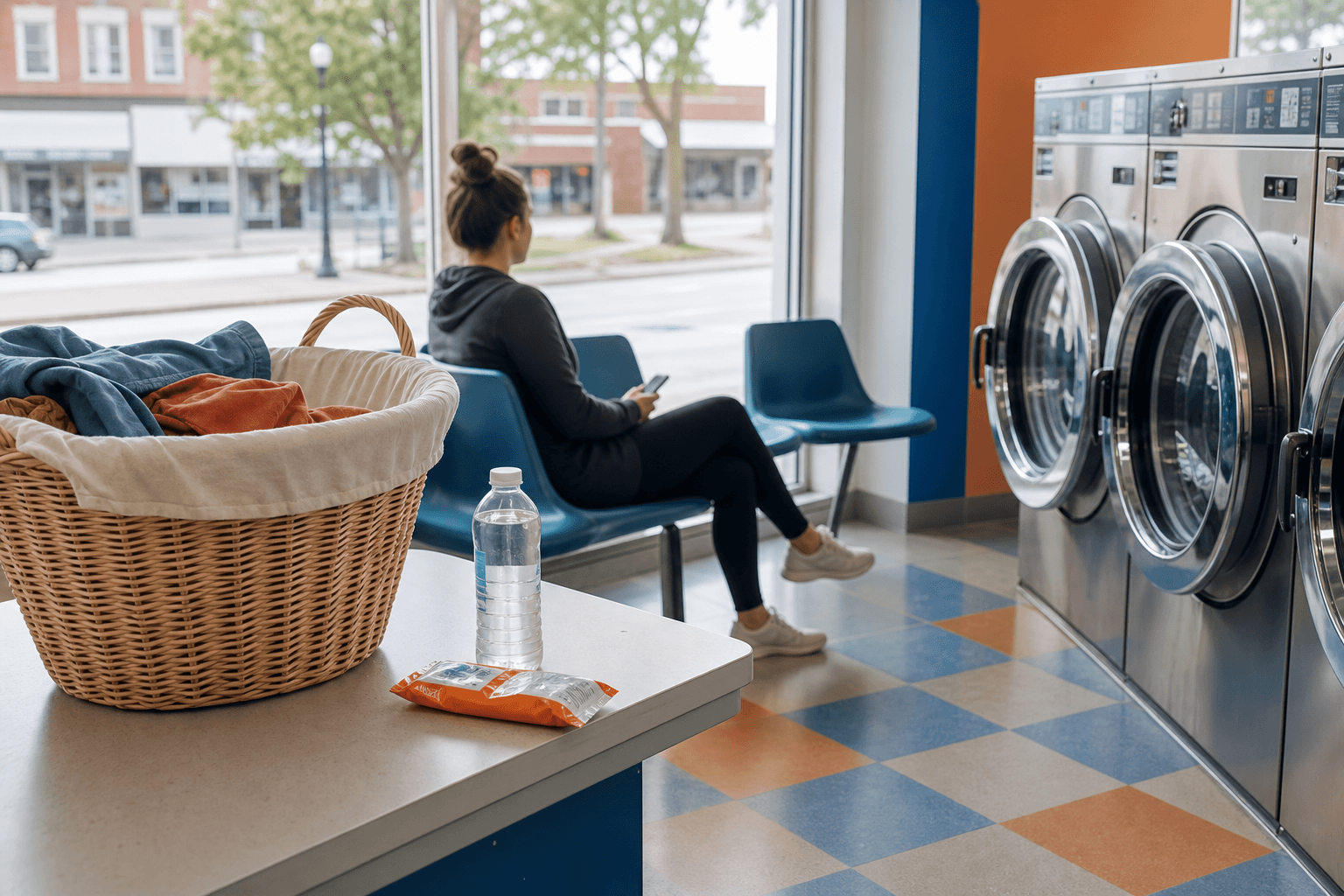 Snack and drink beside a laundry basket while waiting