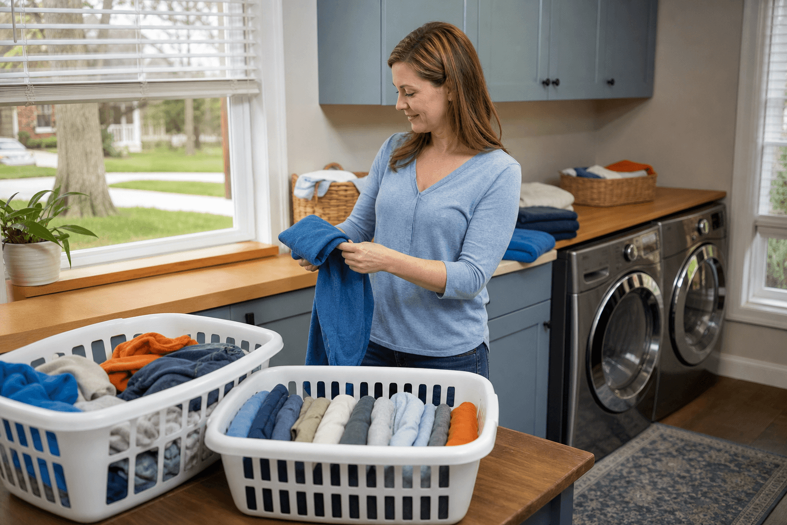 Clean family clothes folded into organized baskets