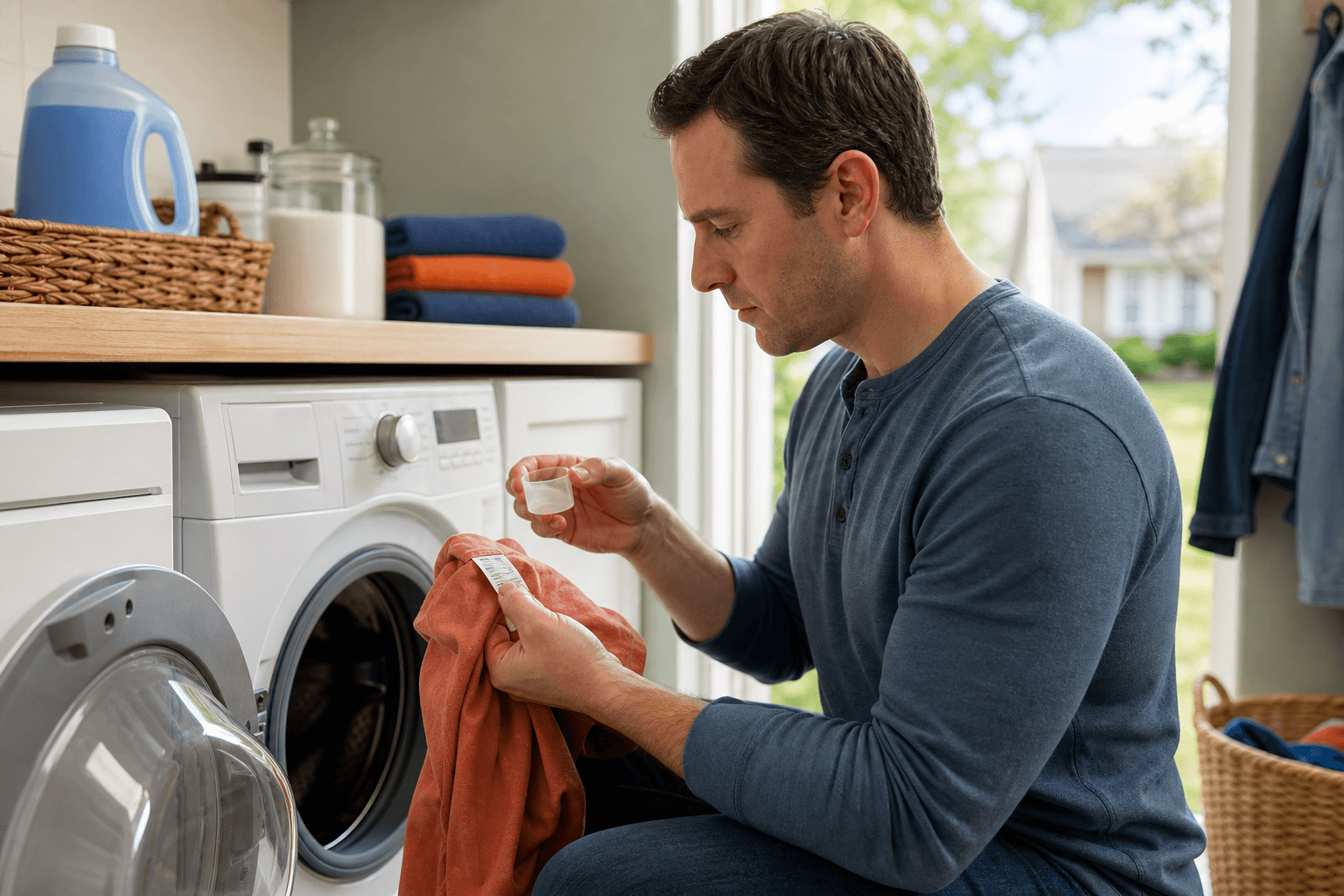 Measuring detergent and checking a garment care label