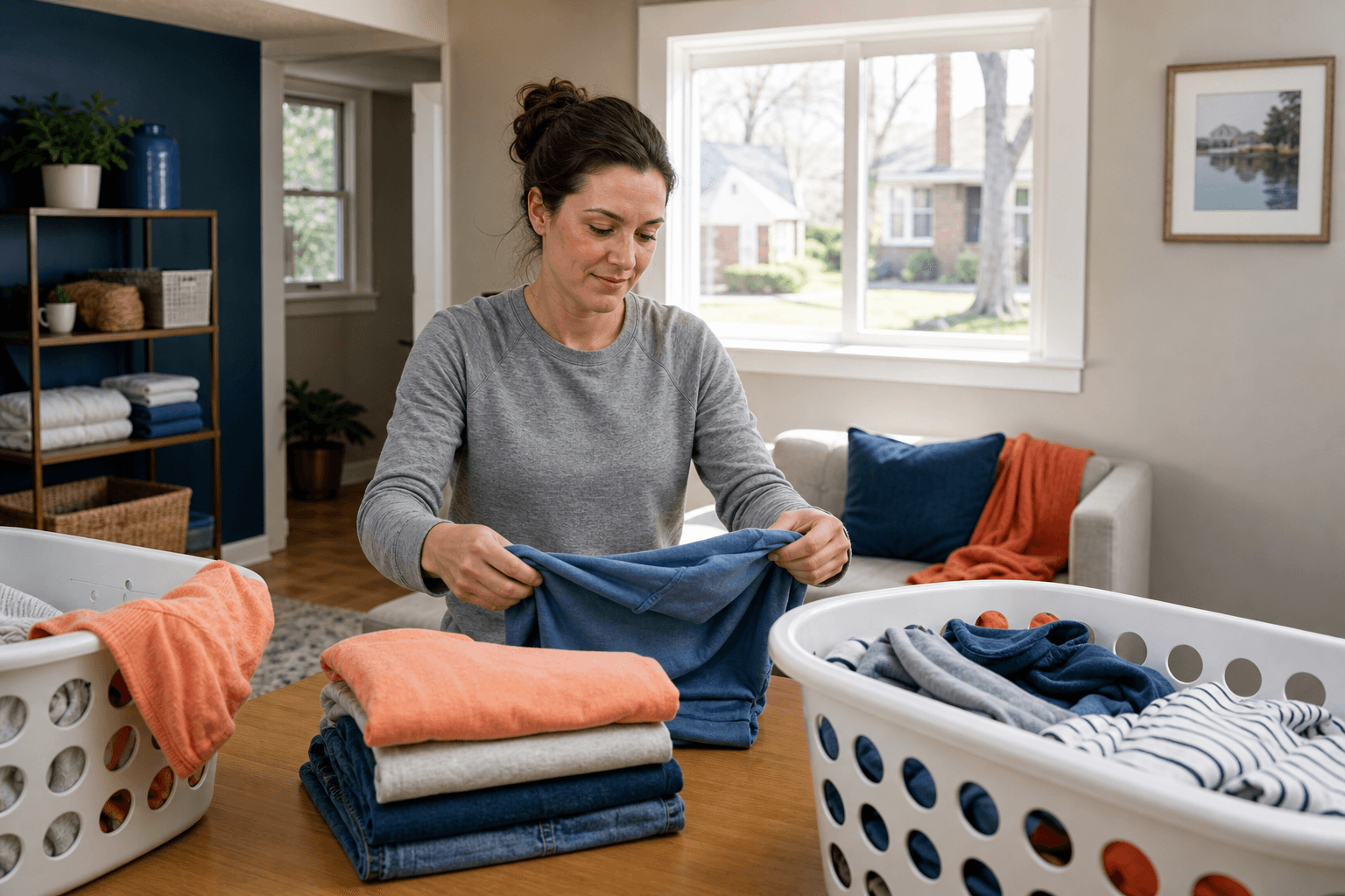 Clean family clothes folded into organized baskets
