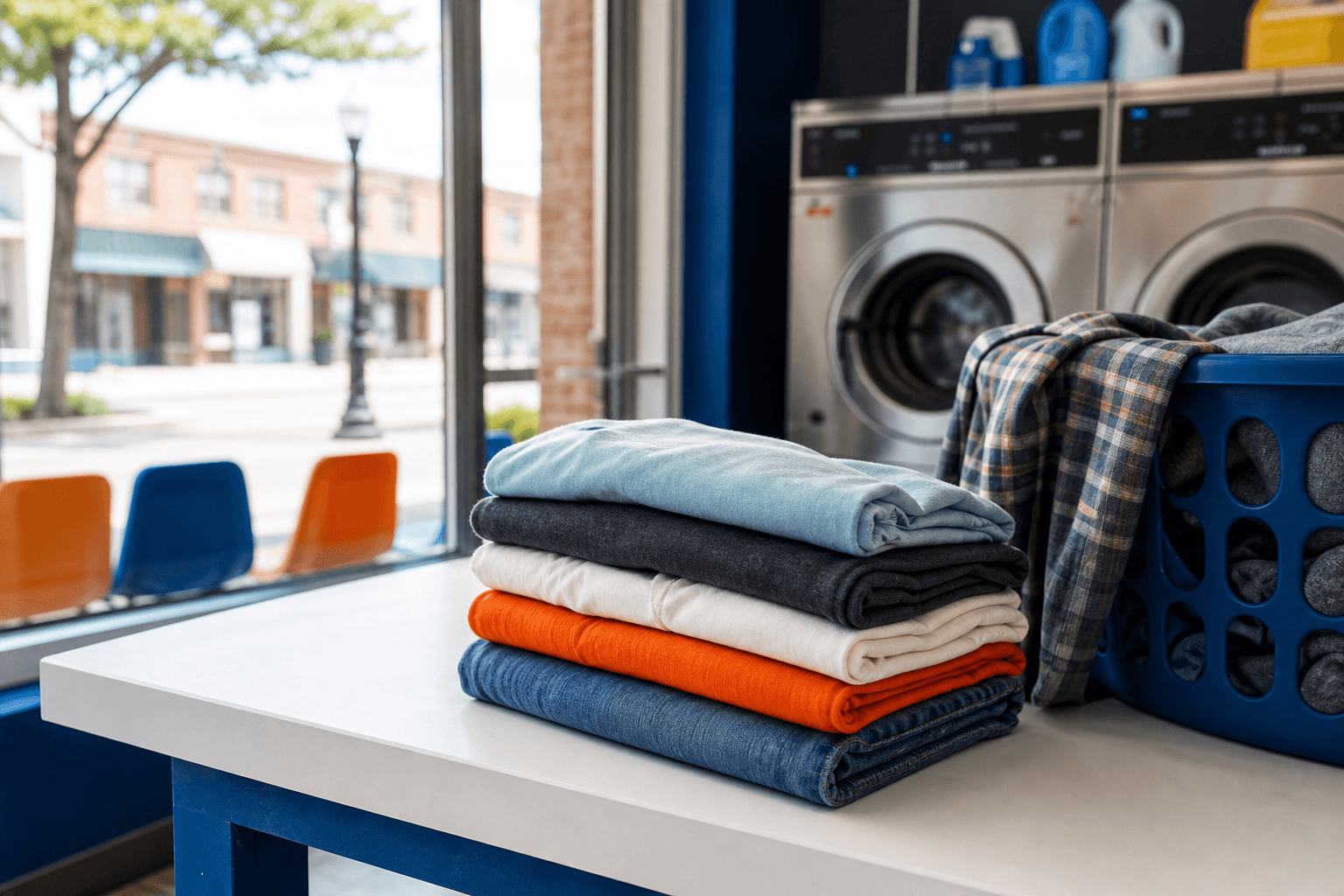 Clean laundry folded on a laundromat table