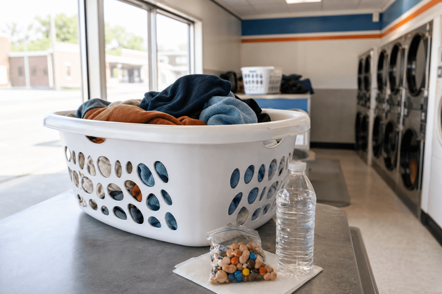 Snack and drink beside a laundry basket while waiting