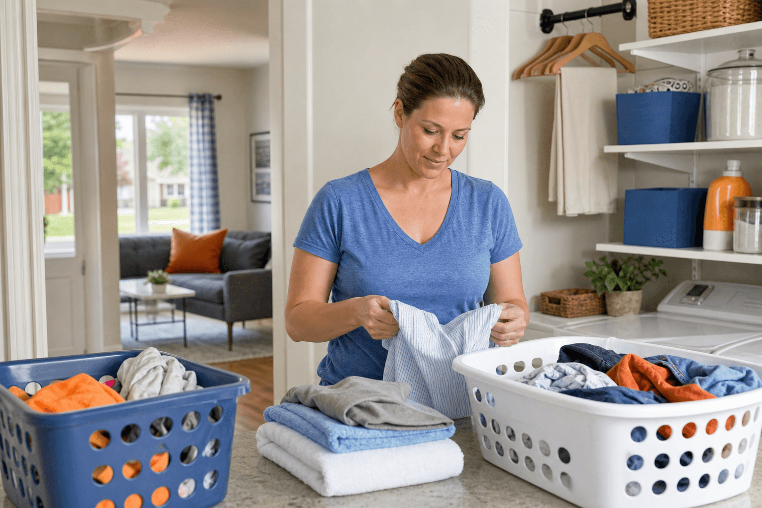 Clean family clothes folded into organized baskets