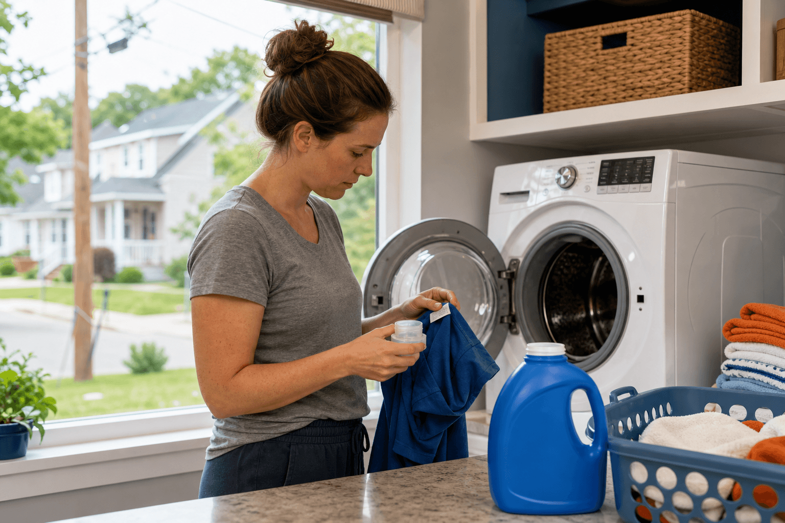 Measuring detergent and checking a garment care label