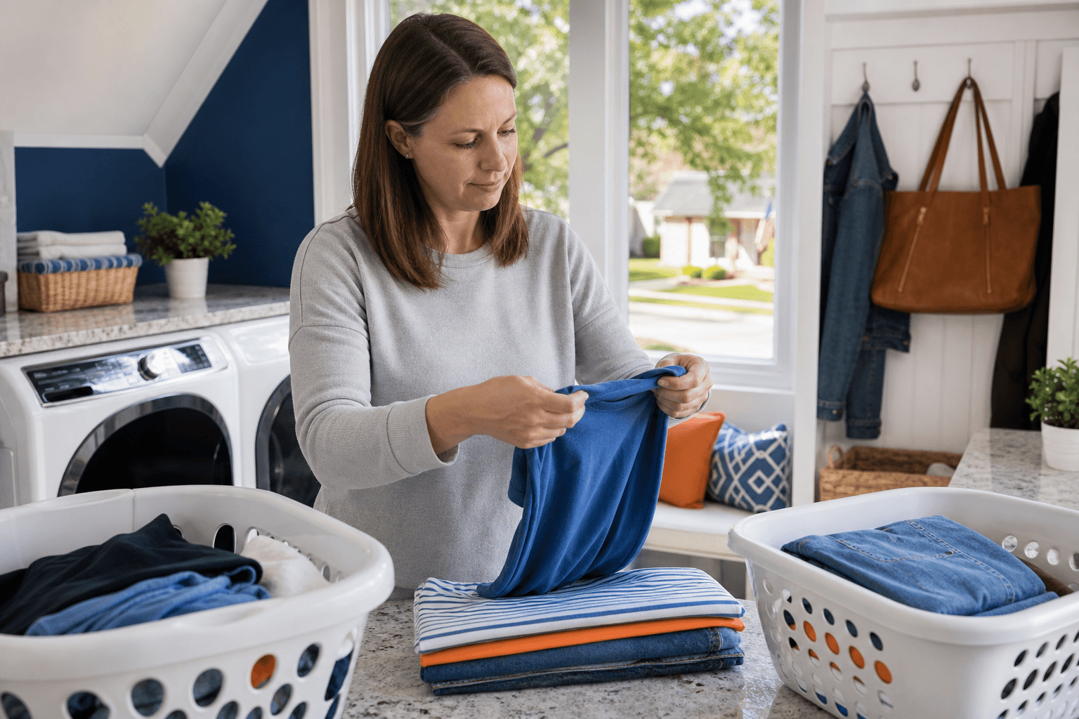 Clean family clothes folded into organized baskets