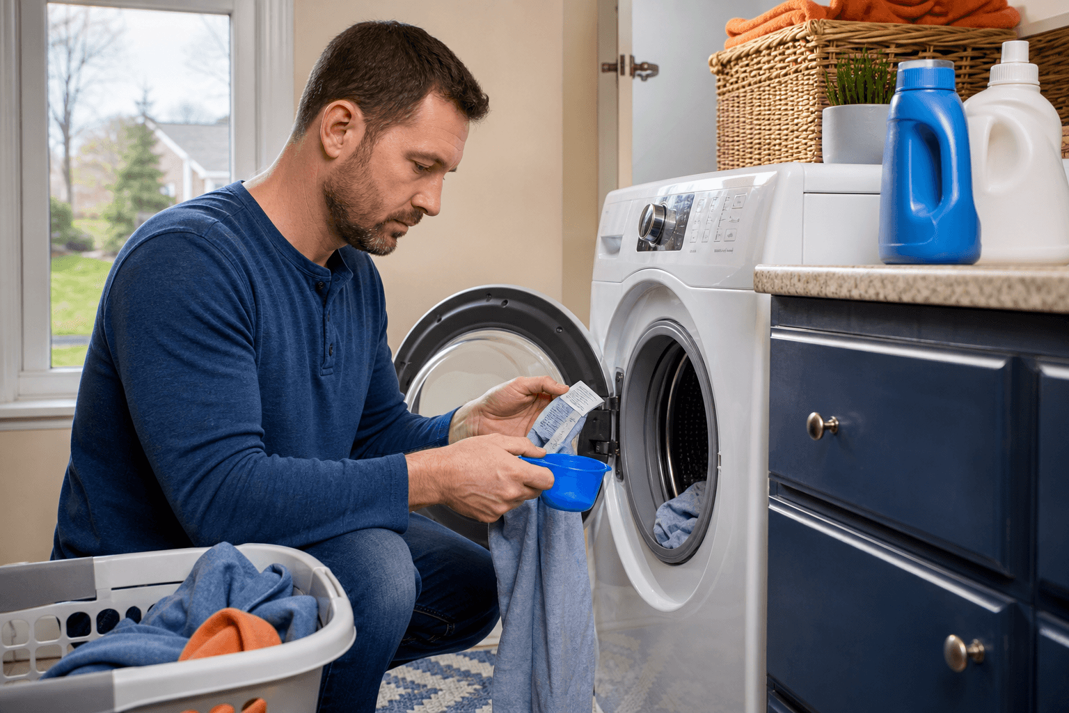 Measuring detergent and checking a garment care label