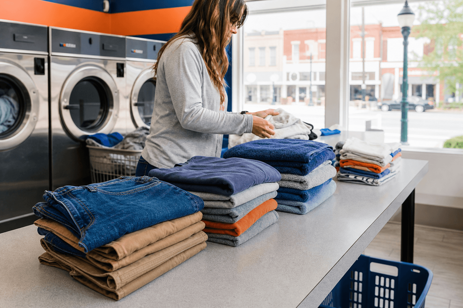 Clean laundry folded on a laundromat table