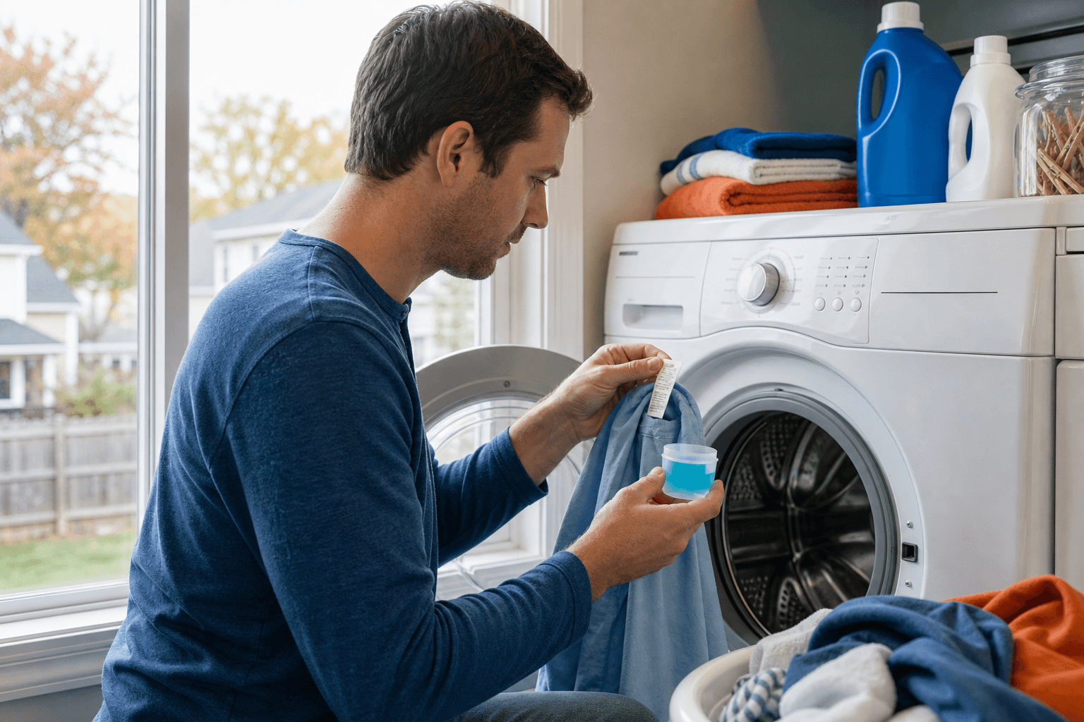 Measuring detergent and checking a garment care label