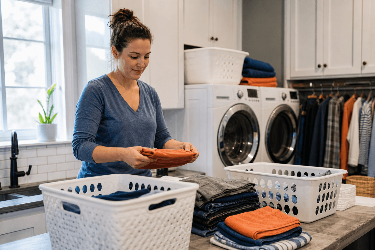 Clean family clothes folded into organized baskets