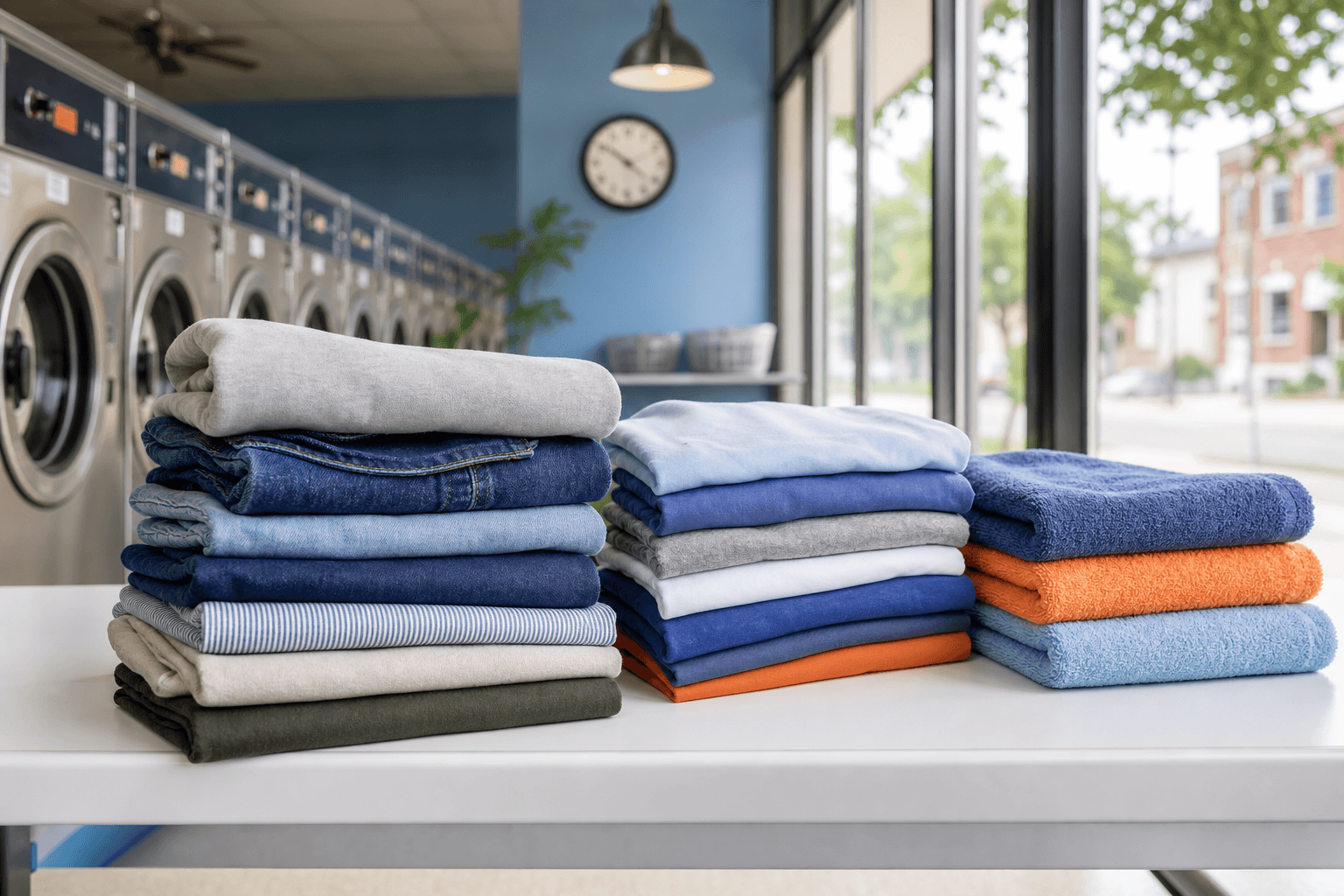 Clean laundry folded on a laundromat table