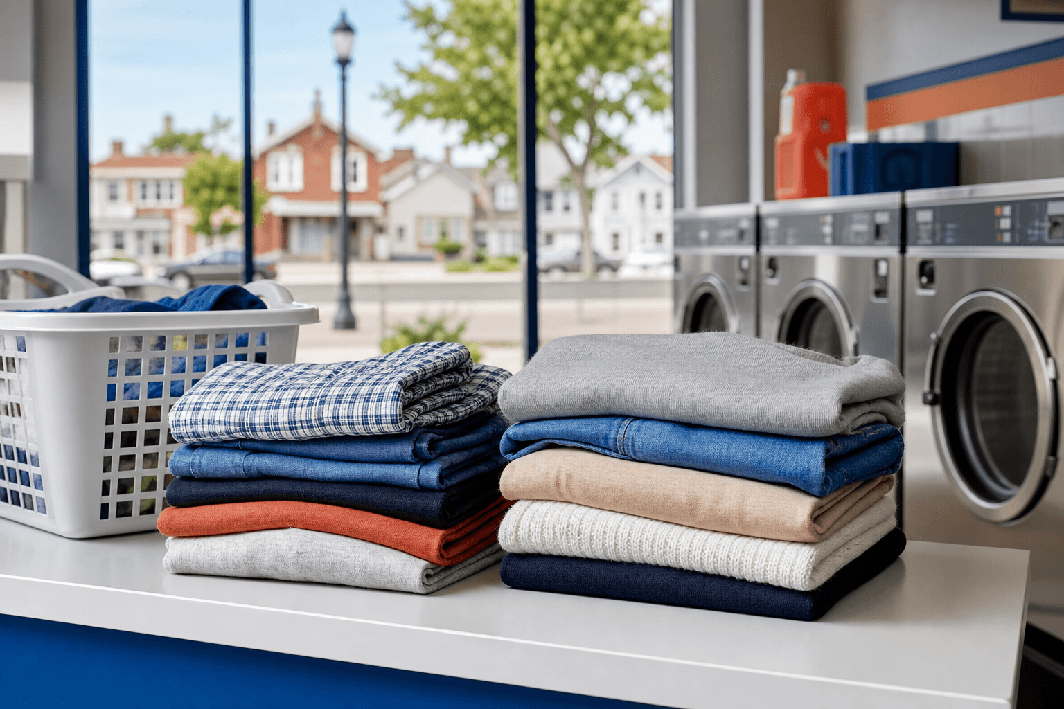 Clean laundry folded on a laundromat table