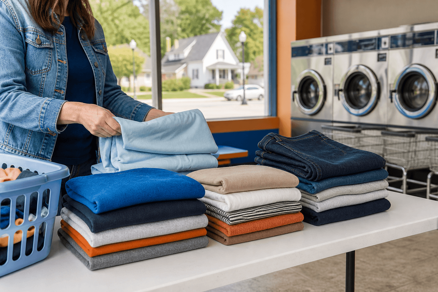 Clean laundry folded on a laundromat table