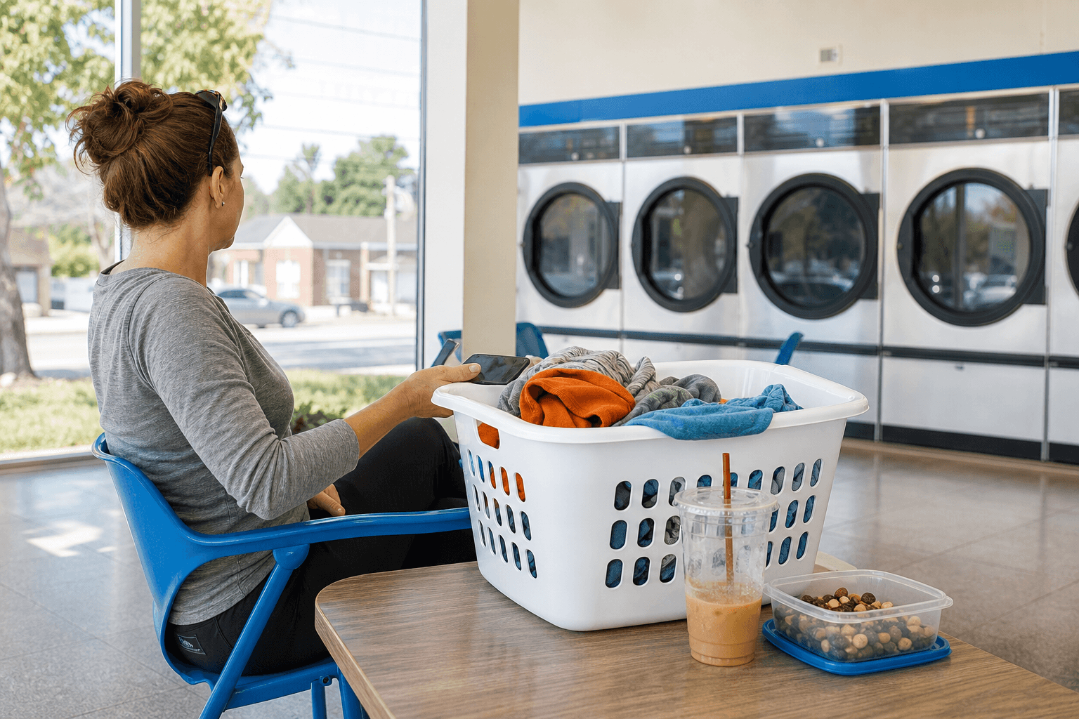 Snack and drink beside a laundry basket while waiting