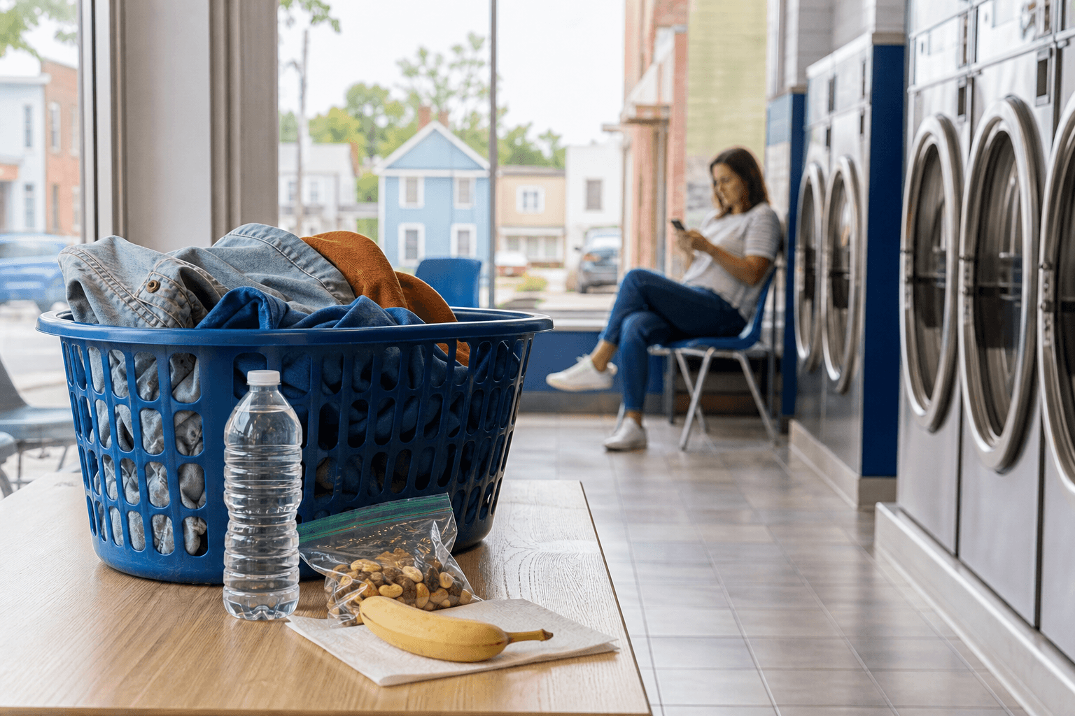 Snack and drink beside a laundry basket while waiting
