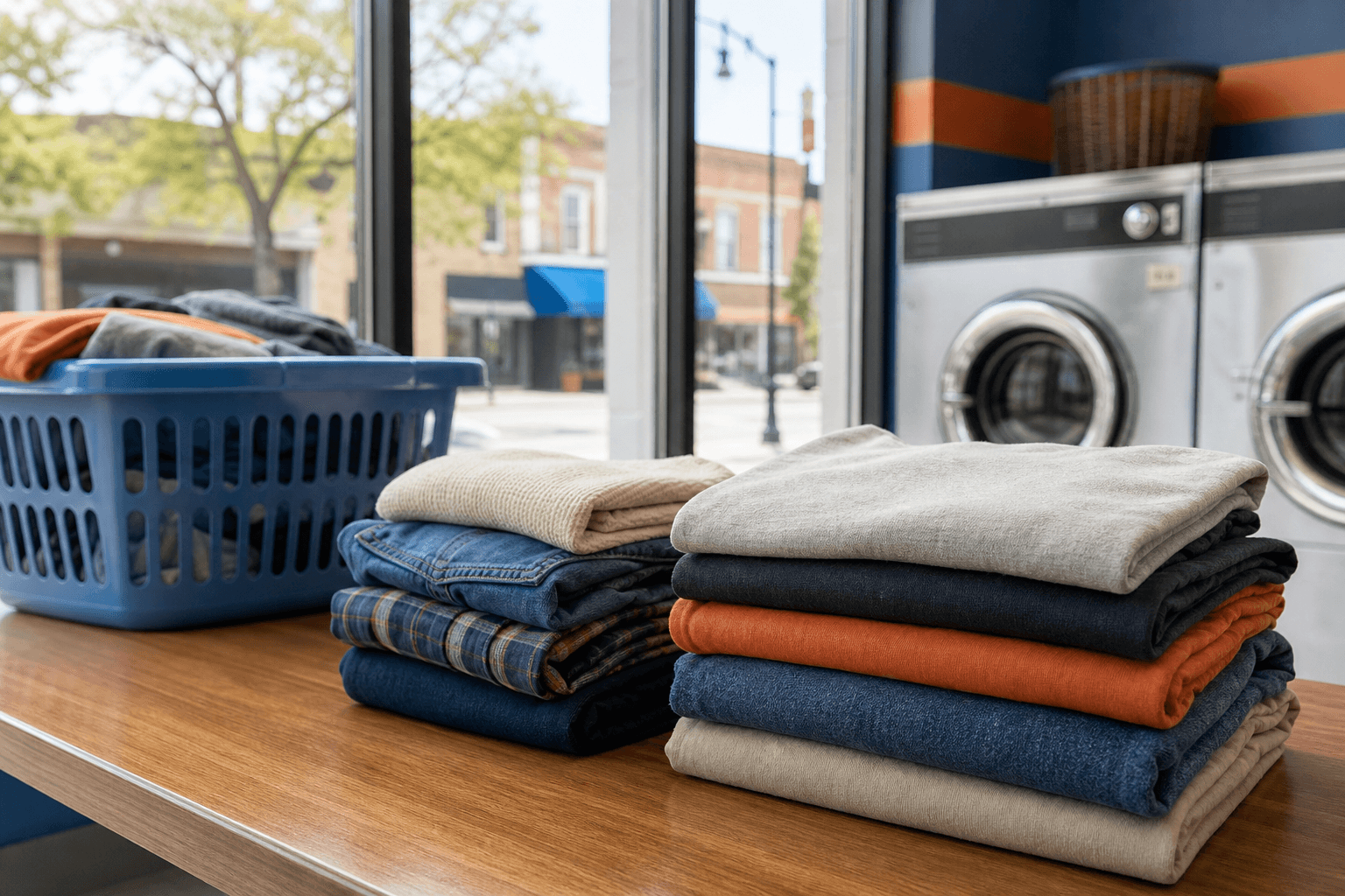 Clean laundry folded on a laundromat table