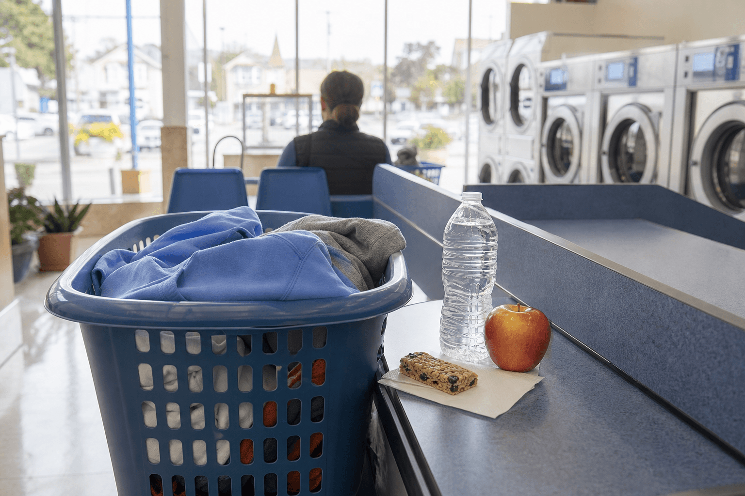 Snack and drink beside a laundry basket while waiting