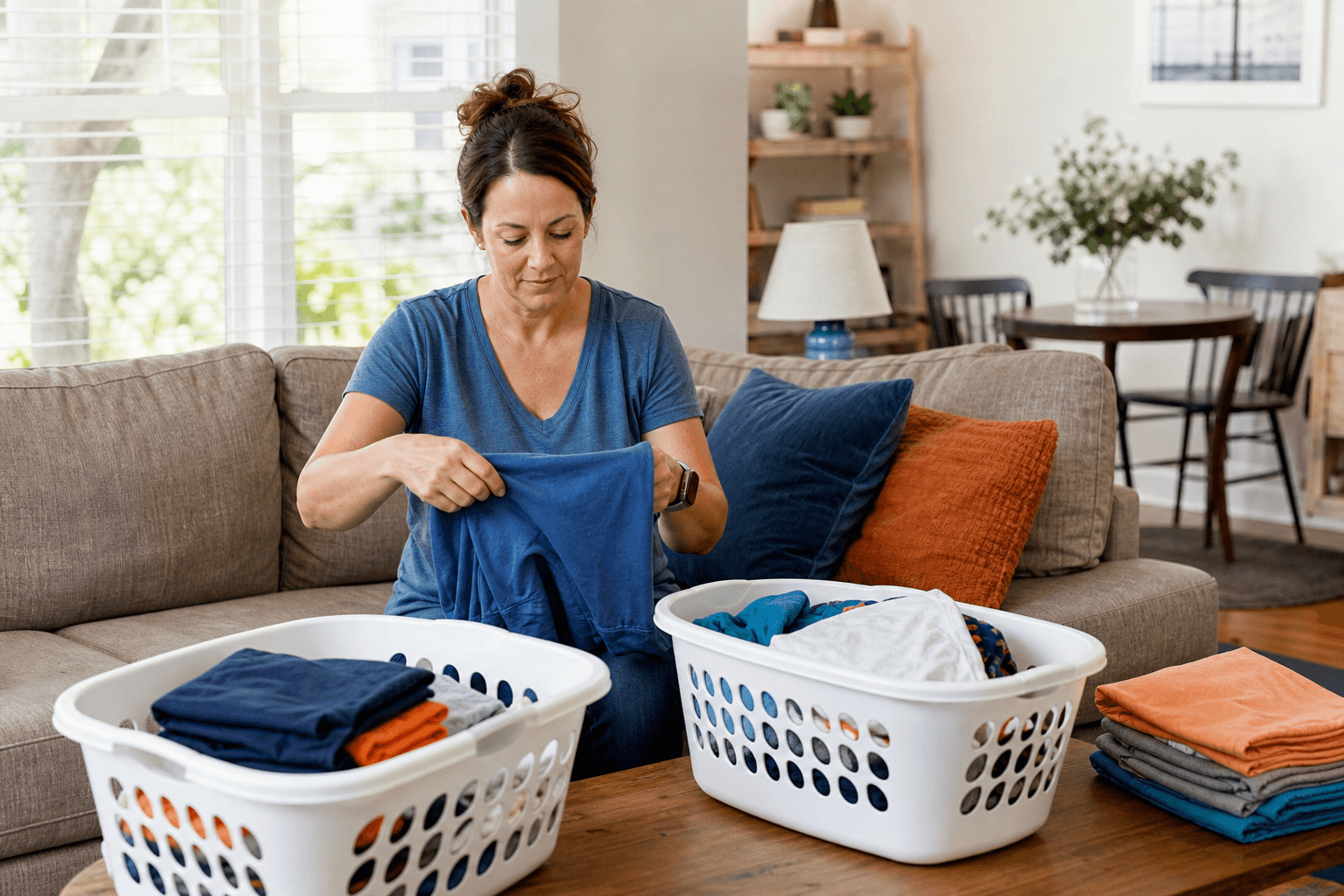 Clean family clothes folded into organized baskets