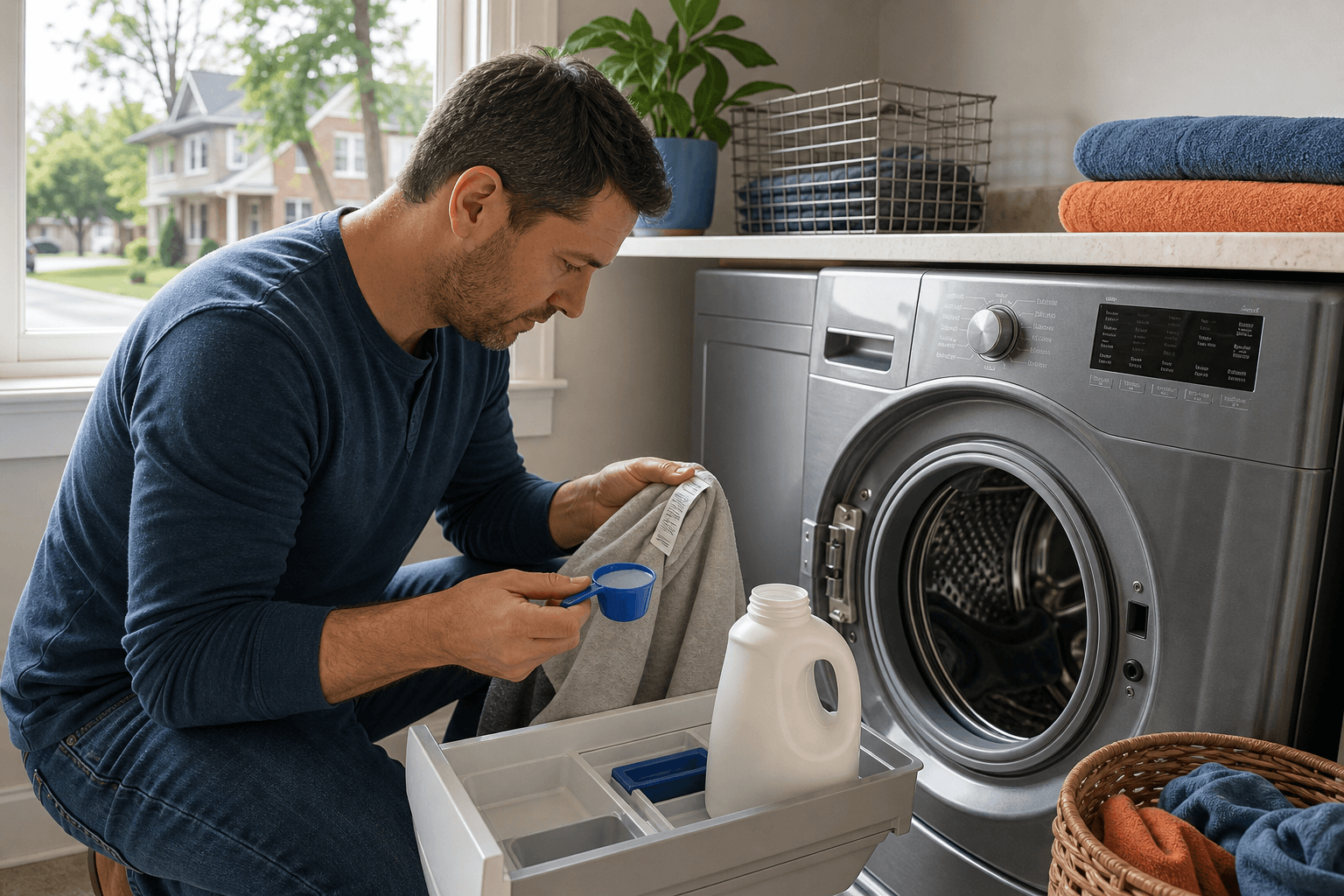 Measuring detergent and checking a garment care label